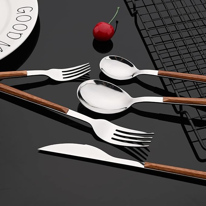 JASHII 30-Piece/6 Sets Wood Flatware Set, Premium Shiny Silver Stainless Steel Cutlery Set, Wooden Square Handle Flatware Dinner Knife Fork Spoon Set, Mirror Polished