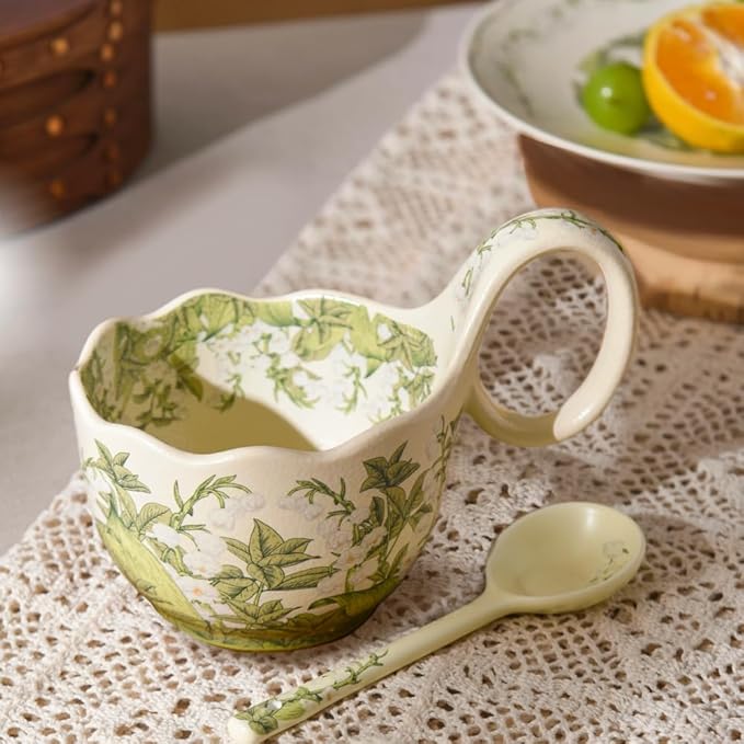 16.91oz/500ml Handpainted Soup Bowl with Handle,Ceramic Cereal Bowl Microwave & Dishwasher Safe,Loop Handle Bowl Great for Soup,Yogurt,Snack,Chip,Stew,Ice Cream,Coffee (Lily of the Valley)