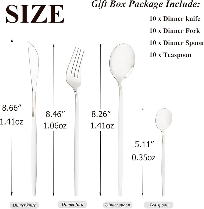 40 Pcs Silverware Set With Teaspoon For 10, Food Grade Stainless Steel Utensils Tableware Set, Elegant & Simple Flatware Serving Set Include Knife Fork Spoon, Mirror (White Silver)