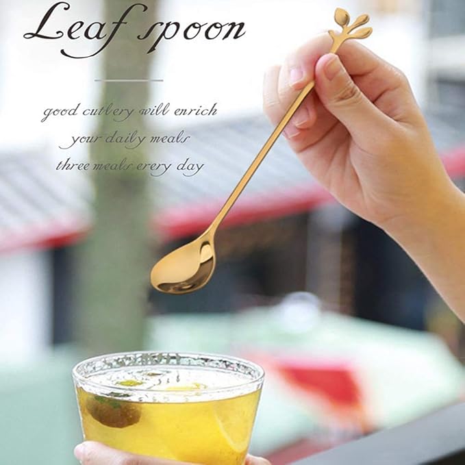 Long Handle Iced Tea Spoons Set of 12, Comicfs 7.6" Ice Cream Spoon, Creative Gold Leaf Cocktail Stirring Spoons, Premium Food Grade Stainless Steel, Mirror Finish & Dishwasher Safe (12 Pcs, Gold)