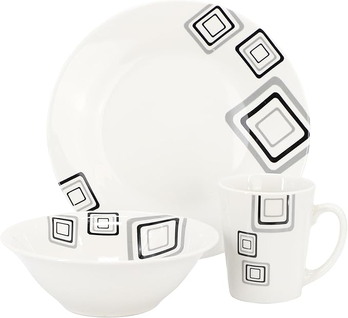 Gibson Home Black Squares 12 Piece Round Fine Ceramic Dinnerware Set in White