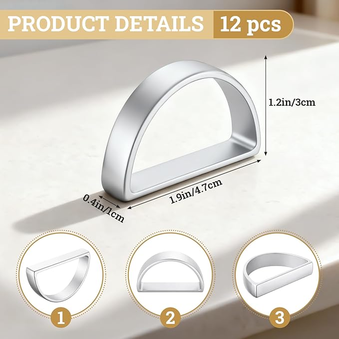 Suream Napkin Rings Bulk, Set of 12 Metal Christmas Napkin Rings, D-Shape Napkin Holders Rings for Thanksgiving Christmas Decor(Matte Silver Semicircle)
