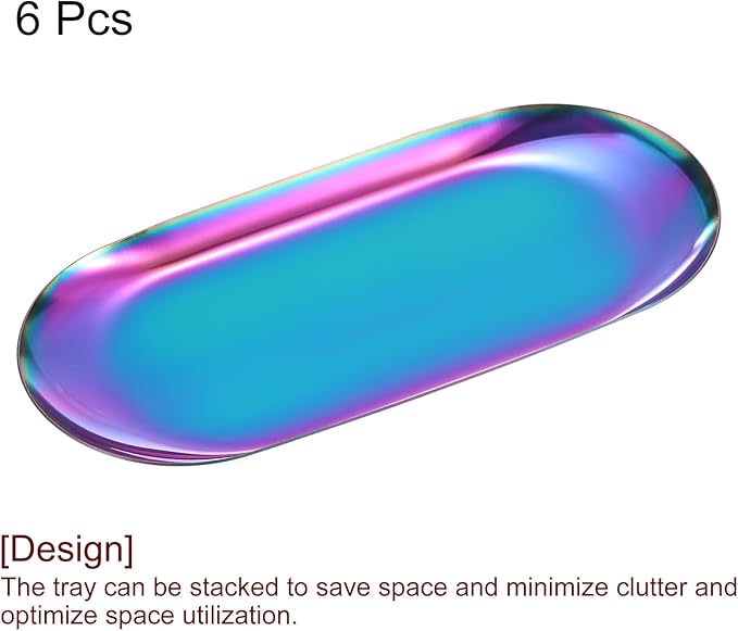 uxcell 6pcs Stainless Steel Decorative Tray, 7 Inch Oval Jewelry Tray, Small Serving Tray for Bathroom Countertops, Closets, Dressers, Multicolor