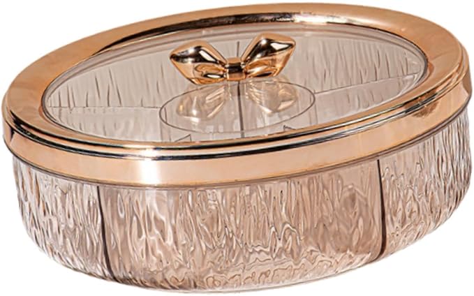 Rotating Serving Tray for Snacks with 6 Compartments, Transparent, Reusable, for Storing Nuts and More, Ideal for, Rose Golden Bow