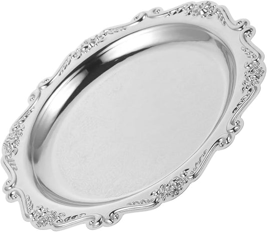 Kichvoe Round Platter Serving Tray Decorative Plate Metal Ottoman Dish Coffee Table Perfume Tray Dessert Plate Jewelry Storage Organizer for Kitchen Bathroom Silver- 7.86Inch