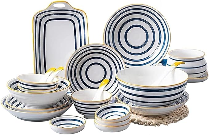☆Ceramic Dinnerware Sets, Plates Set, Dishes Set, Japanese Premium Hand Pained Fine Porcelain of 24 PCS-Bowls and Plates Set with Ring Pattern, Service for 6,White, size