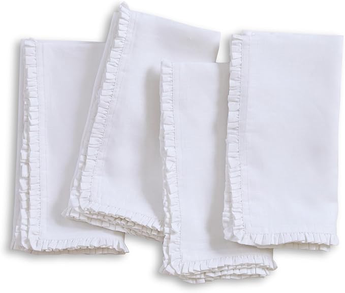 Solino Home White Linen Dinner Napkins 20 x 20 Inch - 100% Pure Linen Juliette Ruffle Cloth Napkins Set of 4 for Christmas, New Year - Handcrafted and Machine Washable