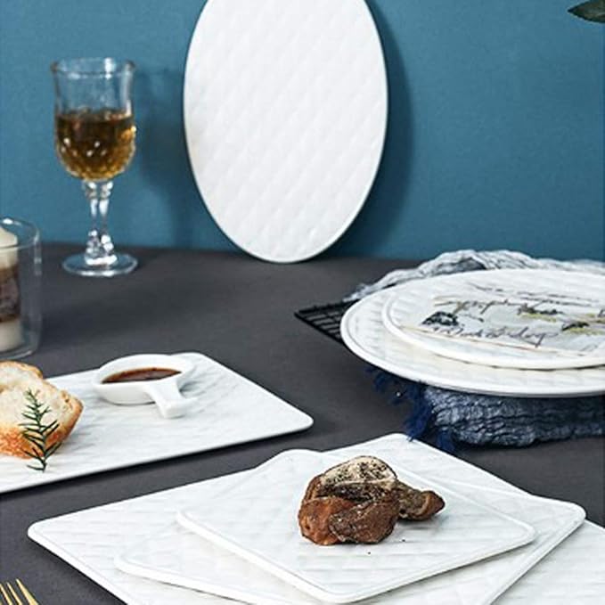 SHINING Ceramic Dessert Appetizer Plates Square And Rectangular Diamond Grain Salad Plates for Fruit Cheese Dessert Lunch (12", Rectangle Plate)