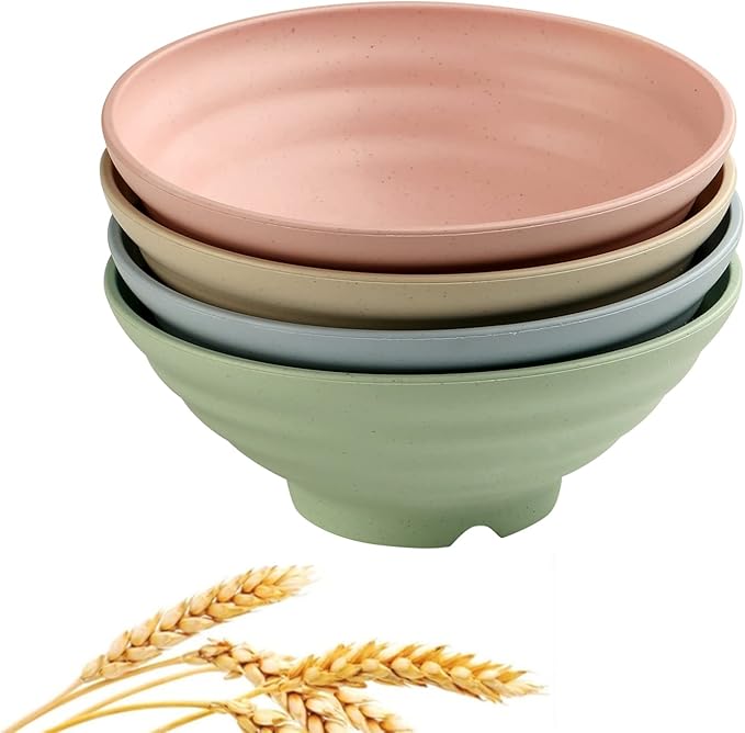 WANBY Lightweight Wheat Straw Cereal Bowls Unbreakable Dinner Dishes Bowl Set Dishwasher & Microwave Safe (4 Pack 34Oz)