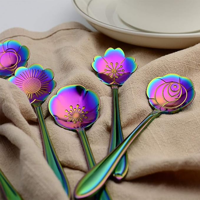 Stainless Steel Tableware Creative Flower Coffee, Sugar, Stir, Mixing, Stir Bar, Tea, Ice Tea Spoon Set of 4 (Gold - 4)