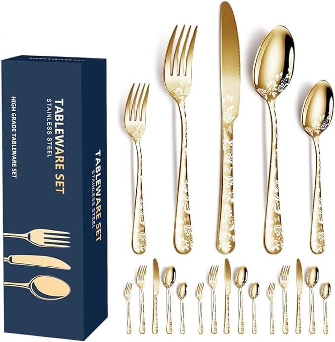 20-Piece Silverware Set, AORESAC Flatware Set for 4, Butterfly Flower Design, Mirror Polish, Forks Spoons, and Knives set for Home and Kitchen, Dishwasher Safe (Gold)