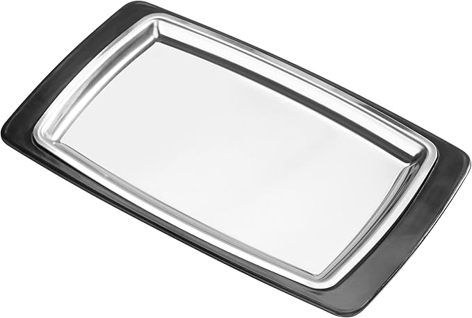 New Star Foodservice 26672 Rectangular Stainless Steel Sizzling Platter with Insulated Holder, 11" x 7.25", Black