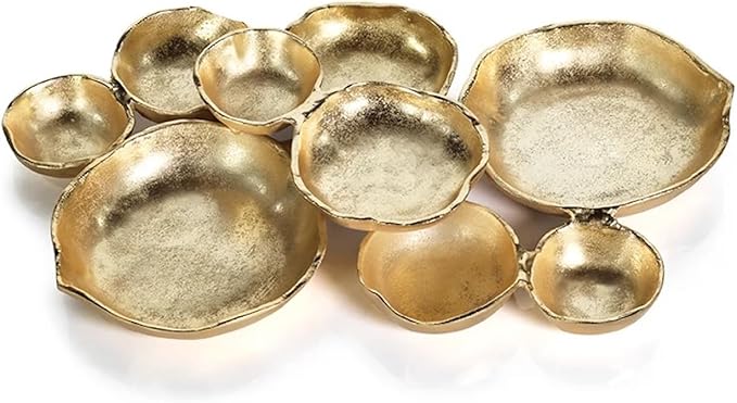 Zodax Cluster of Round Serving Bowls | Cast Aluminum Base | 9 Bowls | 19" x 12" x 2.5" | Gold Finish