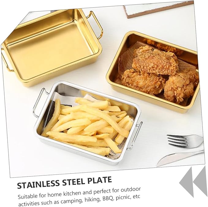 Stainless Steel Double-Handle Food Tray Rustproof BBQ Platter for Snacks Candy and Fried Chicken Serving Party Platter Easy-Clean Silver Tray
