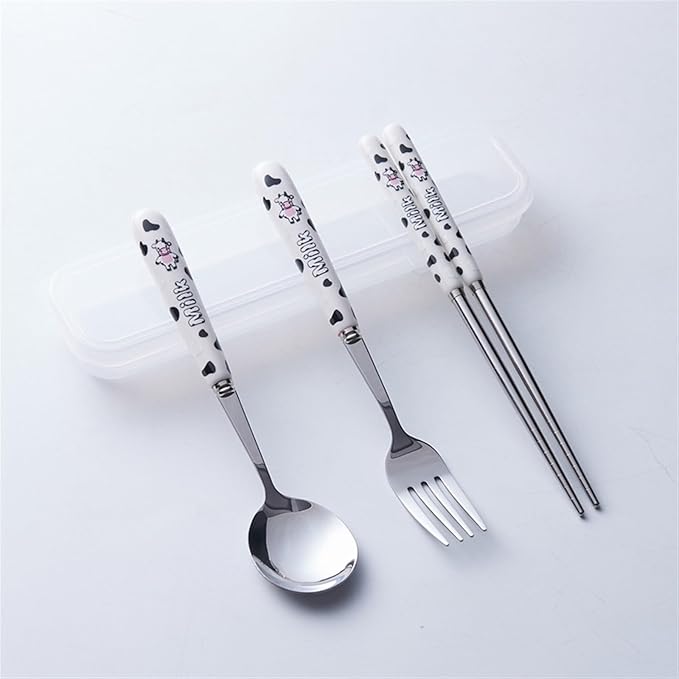 Cute Colorful Silverware Set, Milk Cow Series Ceramic Handle Dinnerware Set Flatware Kitchen Accessories Camping Travel Sets Fork Spoon Chopstick Portable Silverware Set with Case (Color : W