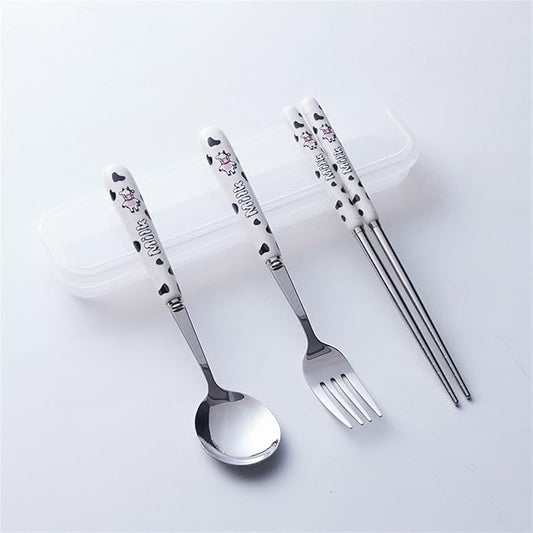 Cute Colorful Silverware Set, Milk Cow Series Ceramic Handle Dinnerware Set Flatware Kitchen Accessories Camping Travel Sets Fork Spoon Chopstick Portable Silverware Set with Case (Color : W
