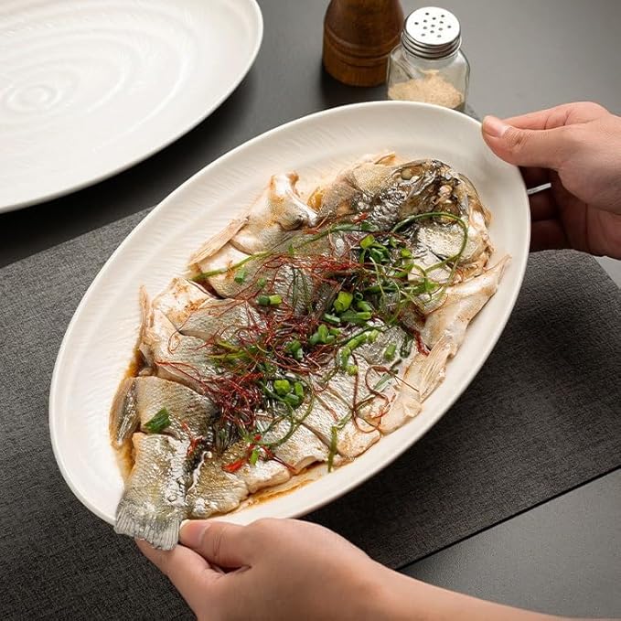 Dinner Plates Household Kitchen Steamed Fish White Plate Ceramic Appetizer Main Course Oval Dinner Dessert Cake Restaurant Tableware Kitchen Salad Bowl