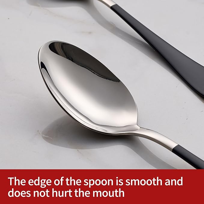 Dinne spoons Set 24 Piece,Black Handle Silverware 18/0 Stainless Steel Flatware Bulk 7.3-inch Dessert Spoons Sets Table of 24,Mirror Finished Dishwasher Safe