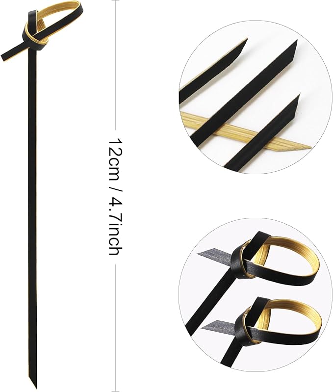 300pcs 4.7 IN Bamboo Cocktail Picks with Looped Knot,Nature Color,for Cocktail Party, Barbeque, Club Sandwiches (black-300pcs)