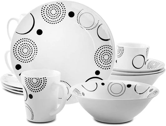 12-Piece Ceramic Dinnerware Set, Grey & White Modern Minimalist Tableware, Dishwasher & Microwave Safe, 4-Person Bowl Plate Cup Set