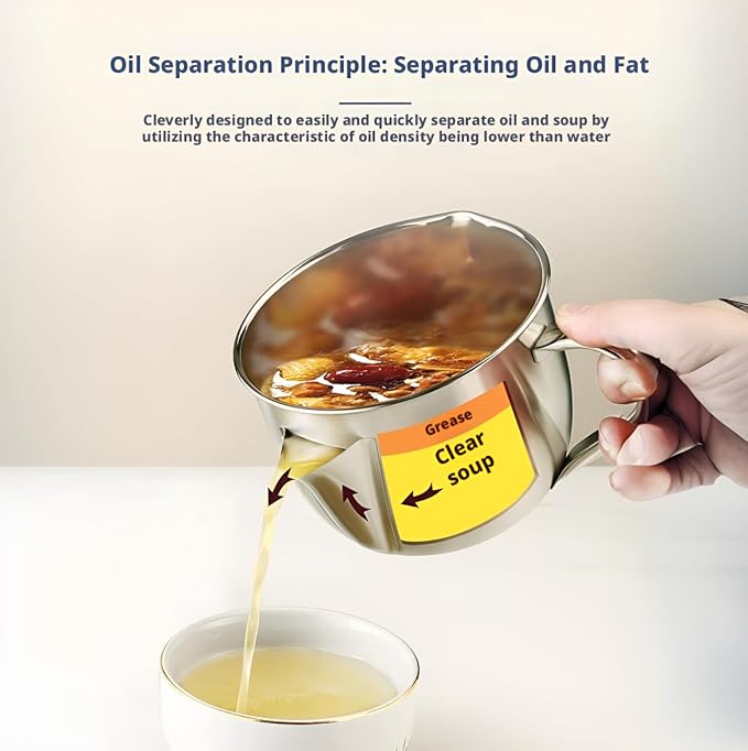 Fat Separator with Dual Spout Design, 304 Stainless Steel Gravy and Sauce Strainer, Oil Strainer with Cool-Touch Handle for Broth, Stew, Hot Pot (S)