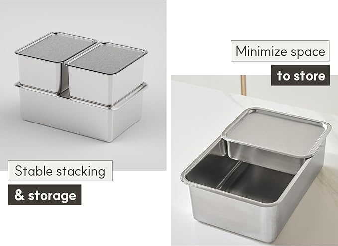 BLoCK Low 3PCS Set Stainless Steel Food Storage Containers with Lids and 2 Nets Hotel Pan Kitchen Appliances Dishwasher Safe Premium South Korea