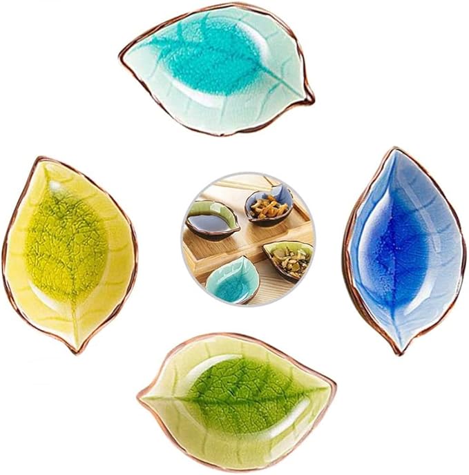 4pcs Ceramic Sauce Dishes Mini Leaf Shape Seasoning Dishes Sushi Dipping Bowl Saucers Bowl Appetizer Plates