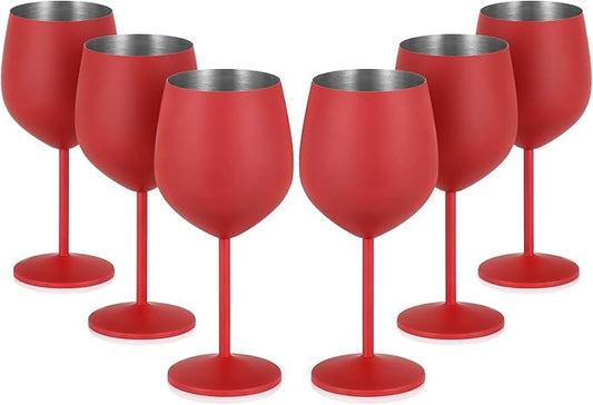 Lifecapido Stainless Steel Wine Glasses Set of 6, 18oz Stainless Steel Wine Goblets, Stemmed Metal Wine Glasses with Cup Brush for Party Office Wedding Anniversary, Great for Red White Wine (Red)