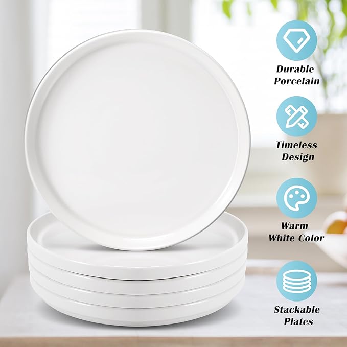Porcelain Dinner Plates Set of 6,10 Inch Round Dessert Salad Plates,White Ceramic Dinner Plate with Lipped Edges for Dessert Salad Appetizers,Microwave,Dishwasher Safe,Scratch Resistant