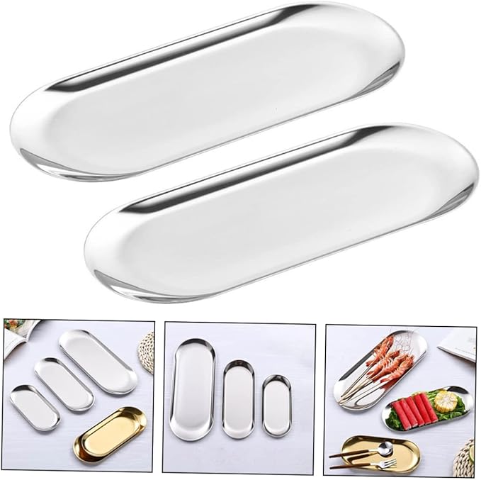 Garneck 2pcs Dessert Serving Tray Jewelry Tray Stackable Stainless Steel Storage Plate Home Restaurant Tableware