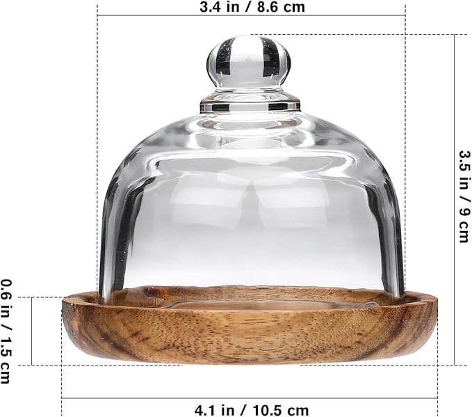 Amosfun Glass Dessert Dome Wooden Base Set - Mini Cake Stand Cake Serving Tray with 3 Inch Glass Dome Cover Birthday Wedding Party Dessert Serving Platter