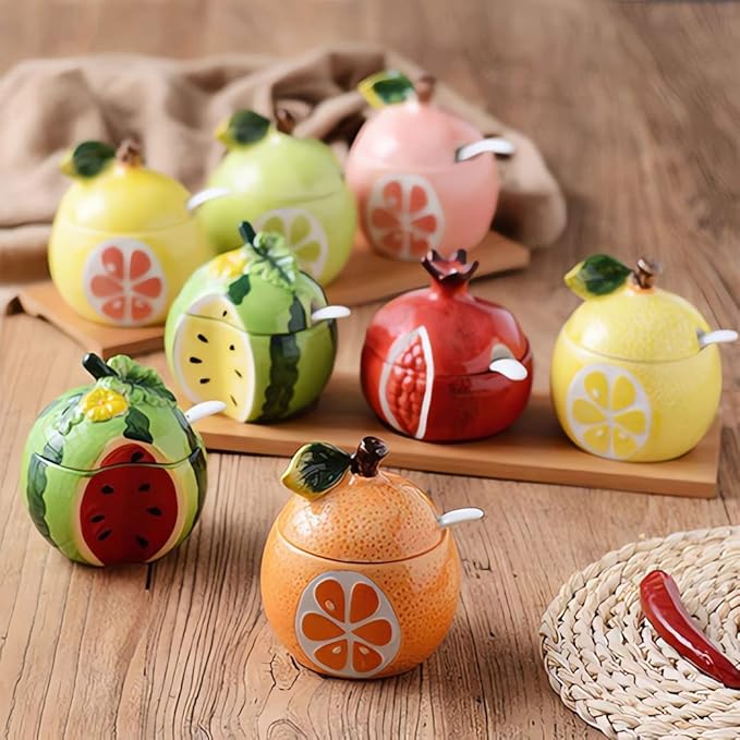 Ceramics Fruit Shaped Sugar Bowl Salt Pot Pepper Storage Jar with Lid and Spoon Seasoning Box Condiment Pots (Orange Pomelo)