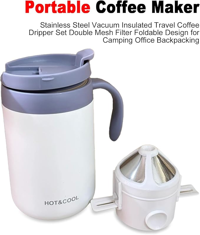 Irishom Portable Coffee Maker Stainless Steel Vacuum Insulated Travel Coffee Dripper Set Double Mesh Filter Foldable Design for Camping Office Backpacking (White)