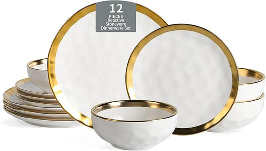 Vicrays 12-Piece Ceramic Dinnerware Set, Dinner Plates, Salad Plates & Cereal Bowls, Dish Set for 4, Microwave, Oven & Dishwasher Safe, Scratch Resistant, White with Golden