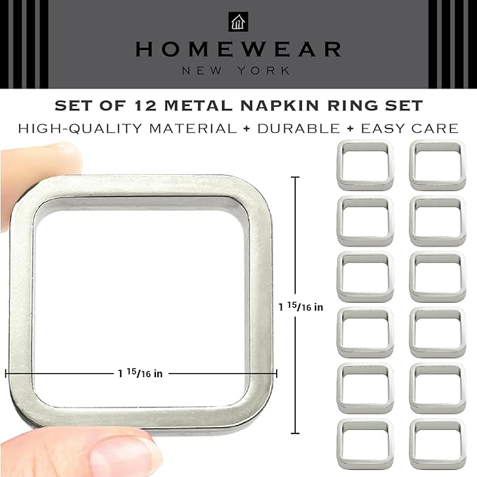 Shiny Silver Napkin Rings Set of 12, Zinc Alloy Square Style, Modern Cuff Design for Wedding Party Decorations, Kitchen, Holiday Table,Rust Proof,Hotel, Home, Table Accessories for Dining
