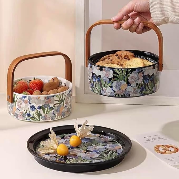 Fruit Bowl Dessert Plate Handmade Flower and Bird Pattern Round Ceramic Tableware Set (Black - two pieces)