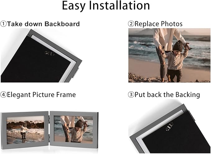 4x6 Double Hinged Picture Frame Folding Photo Frame Vertical and Horizontal in Gray Pine Wood with Real Glass for Tabletop P-HUI-SH46