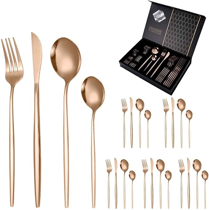 Serving Set Stainless Steel Tableware for 24 PCS, Mirror Polished, Slim Handle Serving Set for 6 for Formal Events, Parties, Food Barbeque, Dishwasher Safe(Rose Gold,B)