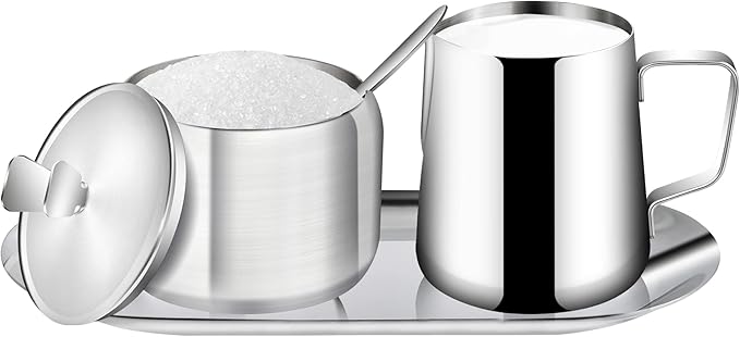 Stainless Steel Sugar and Creamer Set, Coffee Sets for Serving, Latte Milk Cup Cream Jug and Sugar Bowl with Lid Spoon Tray for Coffee Bar