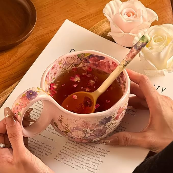 16.91oz/500ml Handpainted Soup Bowl with Handle,Ceramic Cereal Bowl Microwave & Dishwasher Safe,Loop Handle Bowl Great for Soup,Yogurt,Snack,Chip,Stew,Ice Cream,Coffee (Hollyhock-Pink)