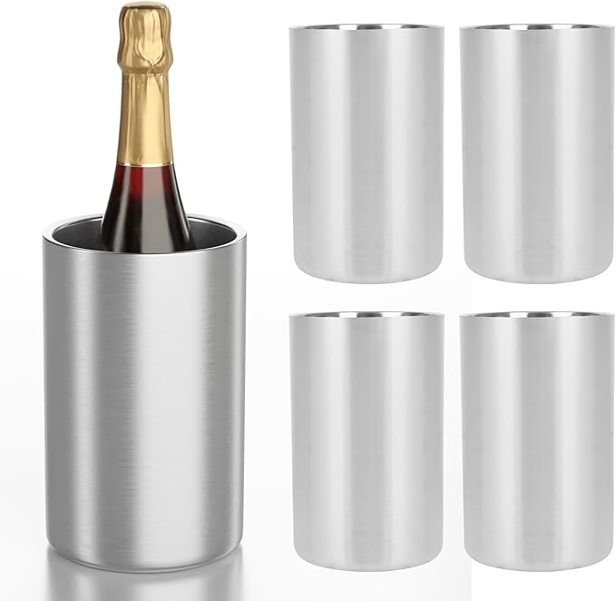 Wine Chiller Bucket 4 Pack, Wine Chiller for Bottles, Champagne Cooler Ice Bucket Double-Wall Stainless Steel for Hotel Bar & Party, Cooler for Ice Champagne Drinks Beverage - Fits 750ml Bottles
