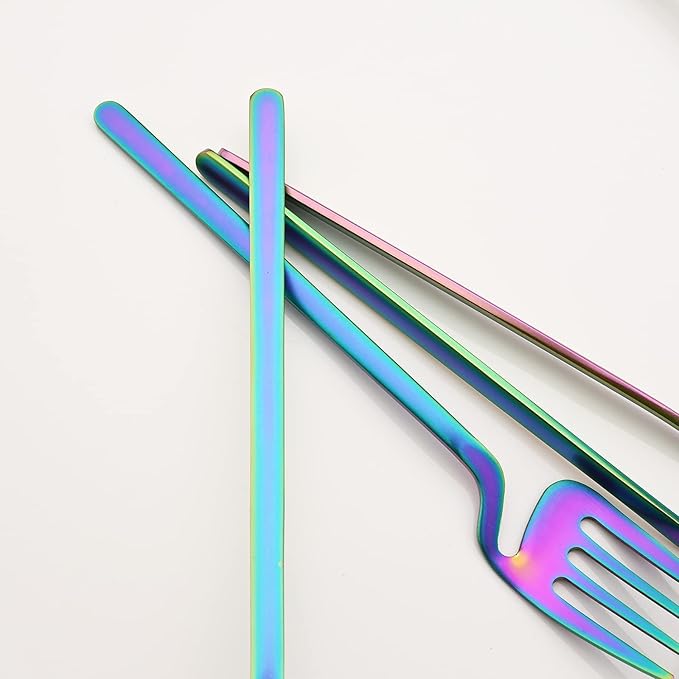 JASHII 28-Piece Rainbow Silverware Flatware Set for 4, 304 Stainless Steel Colorful Eating Utensils Cutlery, Tableware for Home Restaurant Party - Hanging Cup - Dishwasher Safe