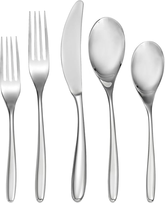 nambe Bend 45 Piece Flatware Set, 18/10 Mirror Stainless Steel Silverware Cutlery Set, Designed for Home Kitchens, Hotel, or Restaurants, Service for 5 and a 3pc Serving Utensil Set, Dishwasher Safe