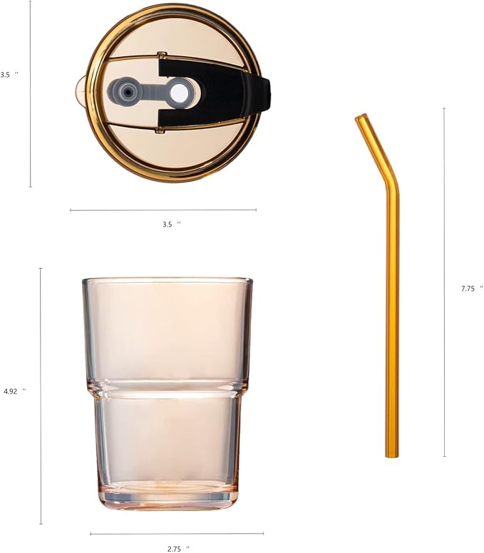 BLUEPOLAR 13 oz Tumbler Water Glass, Water Bottle with Straw and Dustproof Lid, Coffee Ice Cup Double Wall Insulated Glass Cup (Amber-2Pack)