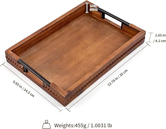 Wooden Set of 2 Serving Trays with Metal Handles Vintage Ottoman Tray 15 X 11 Wooden Retro Decorative Trays with Geometric Beads for Dinner & Home Decor (2paxk)