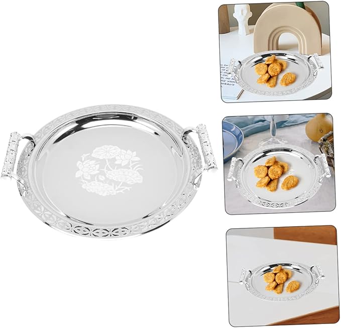 VICASKY European Style Pattern Fruit Serving Tray Silver Decorative Candy Storage Tray for Kitchen and Home Stainless Steel and Plastic Snack Holder for Parties and Daily Use