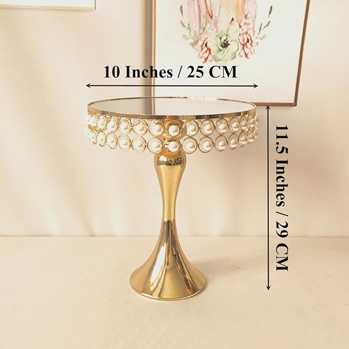10 Inches 25cm Gold Round Mirror Cake Stand Cupcake Stands Metal Pedestal Holder with Pearls, Party Dessert Cheese Display Plate for Wedding Party Birthday Baby Shower Celebration Home Decoration
