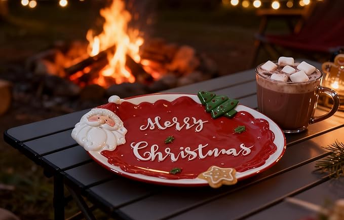 Red Oval Xmas Snacks Appetizer Trays Sets, Christmasman Dessert Porcelain Serving Dishes, Snack Platter, Food Cereal Salad Bowl, Christmas Santa Claus High Relief Ceramic Plate - Red