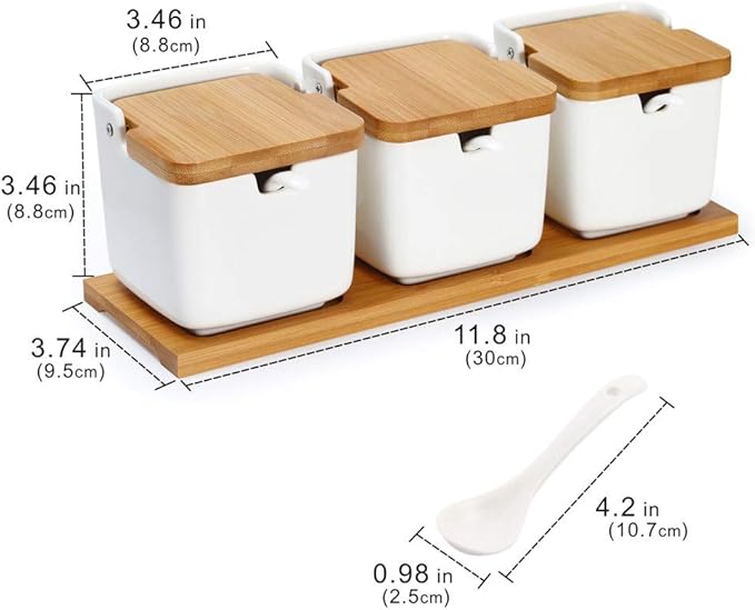 Lucky Goddness Porcelain Sugar Bowl Condiment Jar-Ceramic Flip Top Spice Container with Bamboo Lids and Spoons,for Kitchen Home