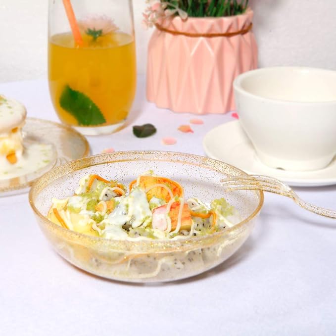bUCLA 50Pack Gold Glitter Plastic Bowls - 10oz Disposable Crystal Salsa/Dessert Bowls for Wedding & Party